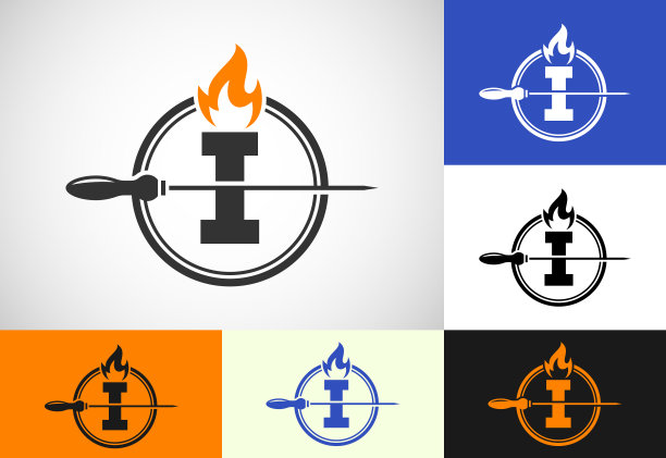 首字母I字母串和火焰火焰。烧烤标志设计，Seekh Kebab等。图片下载