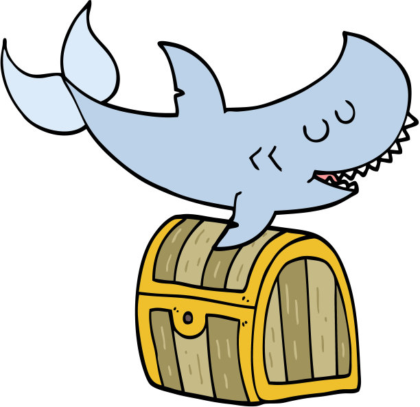 卡通鲨鱼游过宝箱图片下载