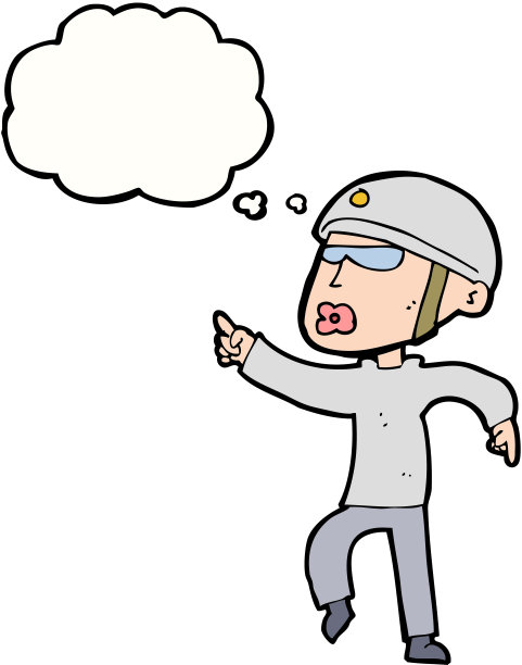 卡通男子在自行车头盔指向与思想泡泡图片下载