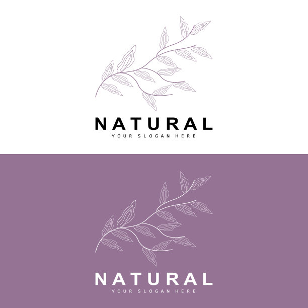简单的植物叶子和花标志，矢量自然线条风格，装饰设计，横幅，传单，婚礼邀请，和产品品牌图片下载