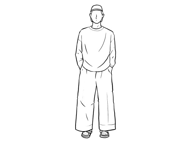 男人站着，双手插在裤子口袋里画直线矢量。极简轮廓插图。图片下载