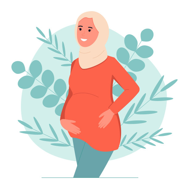 绿叶背景下的孕妇，戴着头巾的快乐微笑的女人，孕期保健理念，矢量图图片下载