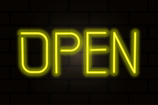 霓虹灯在黑色背景上以平面风格打开。排版设计。矢量插图。图片下载