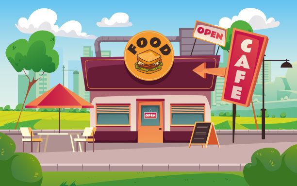 街道咖啡馆，商店，餐厅，公园，街道旅游场所的概念。矢量卡通平面设计元素说明图片下载