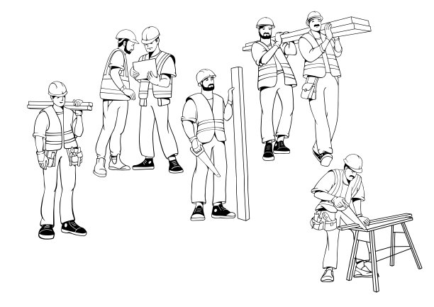 建筑工人就位。穿着制服的木匠修理工。矢量，线条艺术。图片下载