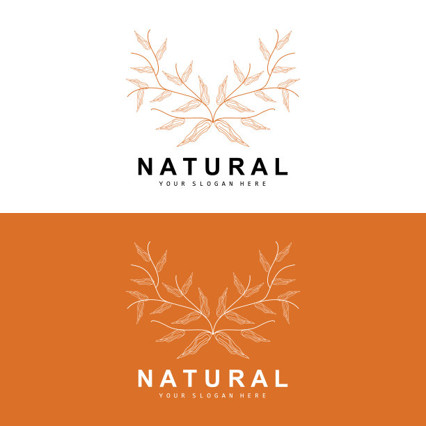 简单的植物叶子和花标志，矢量自然线条风格，装饰设计，横幅，传单，婚礼邀请，和产品品牌图片下载