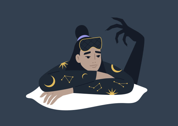 失眠症概念，一个年轻的亚洲女性角色在床上受苦，一个巨大的怪物手的影子在背后图片下载