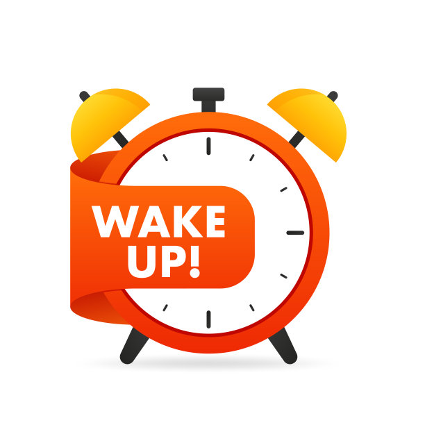 闹钟。早上从床上大声喊醒。带横幅的闹钟醒醒。起床时间徽章。闹钟响了。早上的时间。平面设计。矢量图图片下载