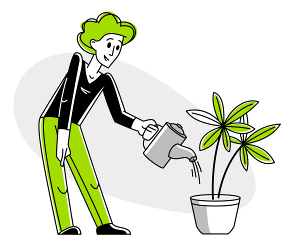 室内绿色植物用于办公室或家庭的矢量轮廓说明，年轻人与绿色植物一起工作。图片下载