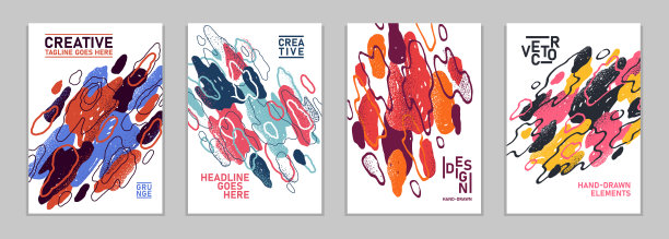 艺术宣传册矢量抽象设计集与手绘元素，时尚的彩色艺术抽象封面杂志或传单，传单或广告海报模板集合。图片下载