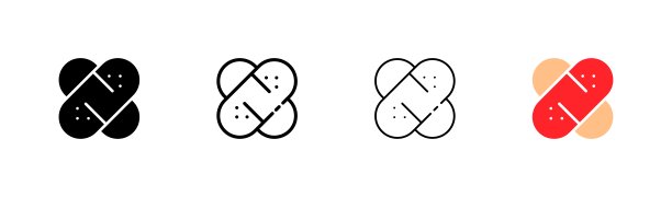 石膏线图标。急救箱，公文包，骨折，医生，药房，敷料，救护车，滴管，注射剂，石膏，心脏。保健概念。矢量图标在直线，黑色和彩色的风格图片下载