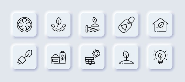 清洁环境设置图标。花，发电厂，油烟，可生物降解袋，工厂，叶子，向日葵，十字，太阳能电池，拯救地球。生态学的概念。新生变形样式。矢量线图标图片下载