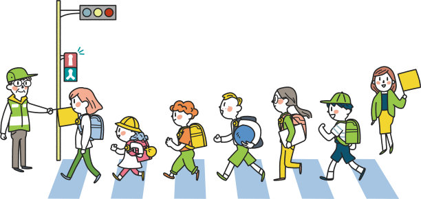 小学生在交通引导志愿者的监督下精力充沛地上下学图片下载
