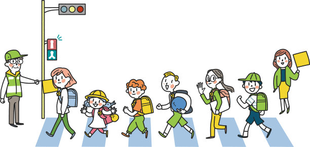 小学生在交通引导志愿者的监督下精力充沛地上下学图片下载