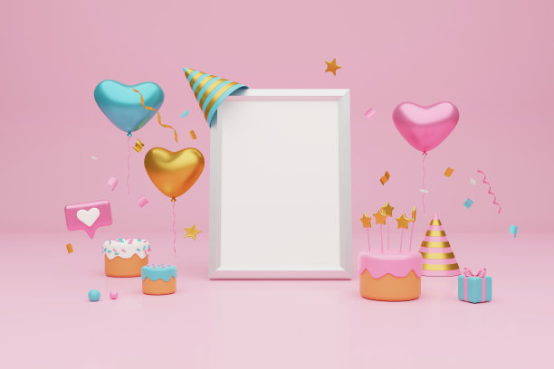 节日的背景。淡粉色和蓝色蛋糕，礼盒和框架在浅粉色的背景。三维渲染图片下载