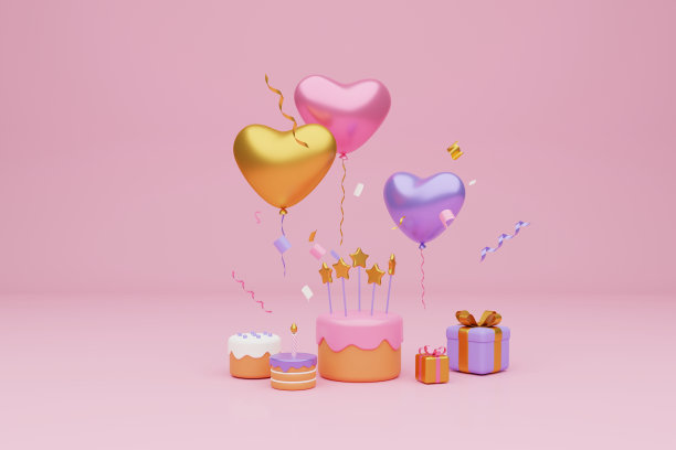 节日的背景。淡粉色和紫色蛋糕，礼盒上的浅粉色背景。三维渲染图片下载