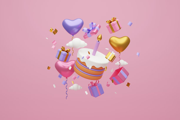 节日的背景。淡粉色和紫色蛋糕，礼盒上的浅粉色背景。三维渲染图片下载