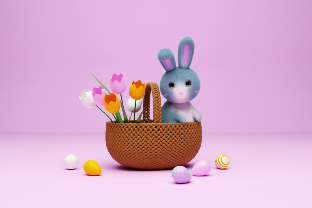 复活节可爱的兔子与篮子，鸡蛋和花在浅粉色的背景。三维渲染图片下载