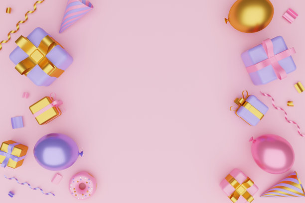 节日的背景。淡粉色和紫色蛋糕，礼盒上的浅粉色背景。三维渲染图片下载