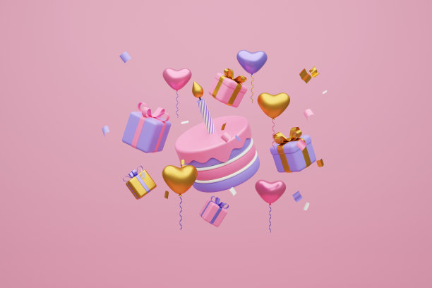 节日的背景。淡粉色和紫色蛋糕，礼盒上的浅粉色背景。三维渲染图片下载
