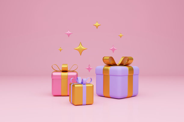 节日的背景。淡粉色和紫色蛋糕，礼盒上的浅粉色背景。三维渲染图片下载