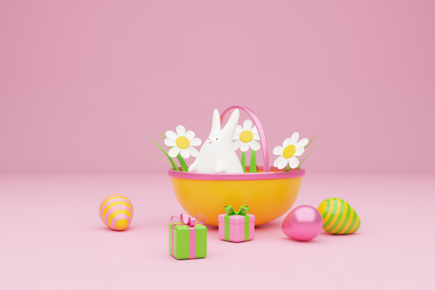 礼盒与复活节兔子和彩色复活节彩蛋在粉红色的背景，快乐的复活节假期的概念。3 d渲染。图片下载