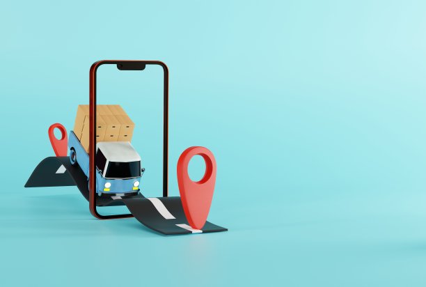 通过电话出门，用卡车送包裹。图片下载