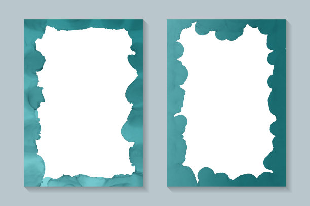 水彩框架设计与抽象蓝绿色墨水波。图片下载