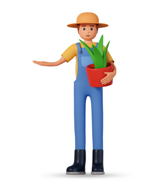 农民在工作服，帽子和胶靴举行盆栽植物和显示一些手前视图3d插图。三维插图的园丁站在植物和指向一边图片下载
