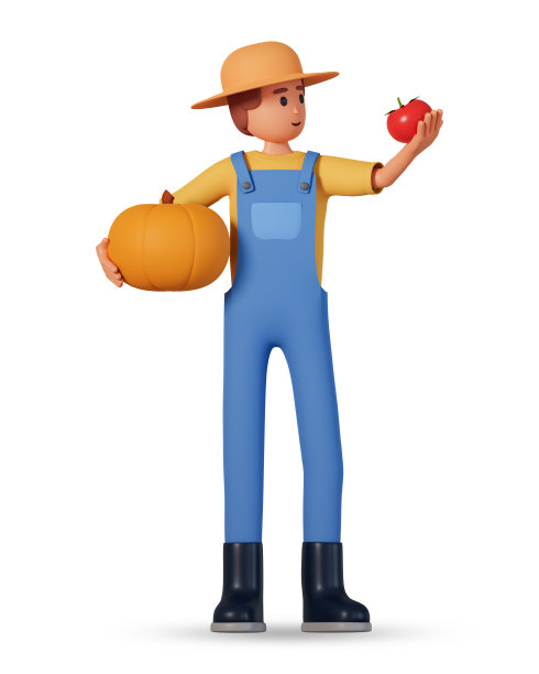 农民在工作服，帽子和胶靴举行南瓜和番茄前视图3d插图。三维插图的园丁男子拿着南瓜在一只手和番茄在另一只手孤立的白色图片下载