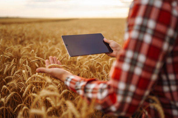 一个农民手里的平板电脑。图片下载