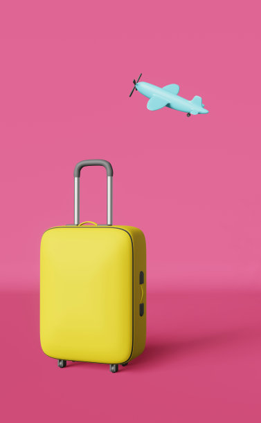 黄色行李箱飞行飞机3d渲染紫色背景。暑假旅游广告创意设计。图片下载