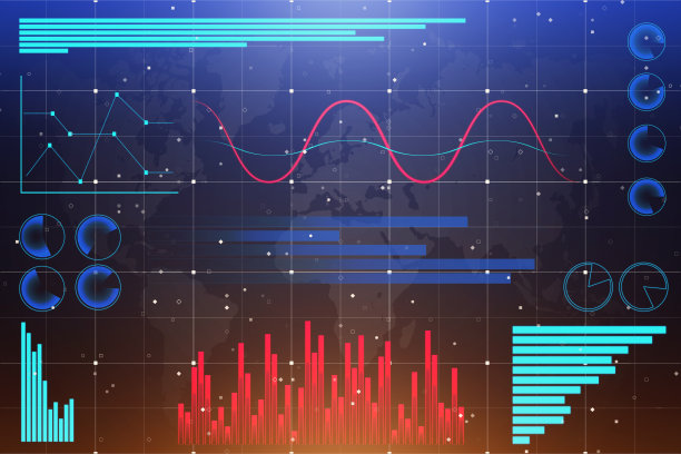 统计概念与数字信息图形界面的黑色背景与图表，图表和数据信息。三维渲染图片下载