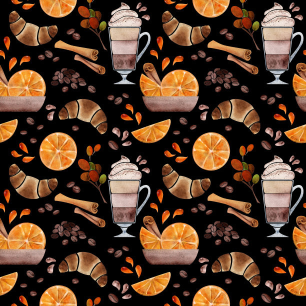 水彩手绘无缝模式与咖啡杯，豆类，橘子，肉桂，羊角包，包。孤立在黑暗的背景。用于邀请，咖啡馆，餐厅的食物菜单，打印，网站，卡片图片下载