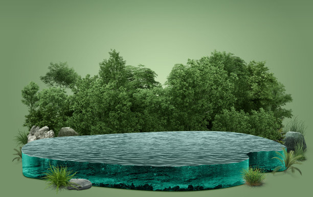 河流池与景观隔离的三维插图。孤立的瀑布创意设计。河流的等距视图。背景是树。图片下载