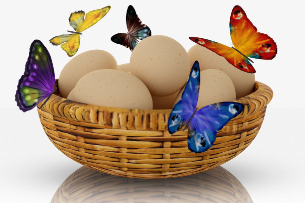 鸡蛋，鸡蛋篮。春天，蛋和蝴蝶。复活节- 3D插图图片下载