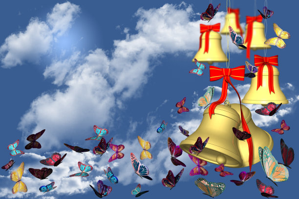 复活节-钟-蝴蝶-周年纪念。3D插图图片下载