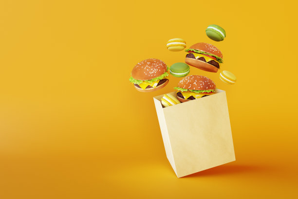 食品交付。经典的汉堡和蛋白杏仁饼从纸包里飞出来。三维渲染图片下载