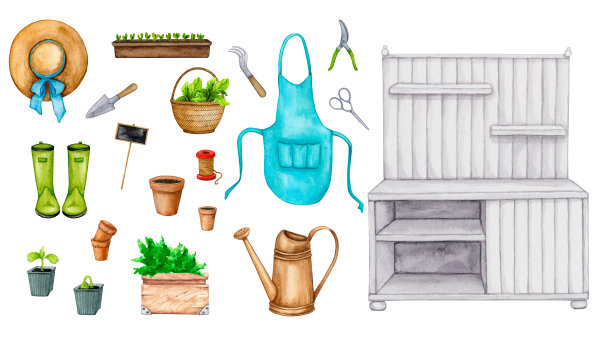 花园的工作。水彩元素套装:木制花园置物架、苗木、园艺工具、防护服。用于设计明信片、请柬、海报、广告牌、印刷品、图案等。图片下载