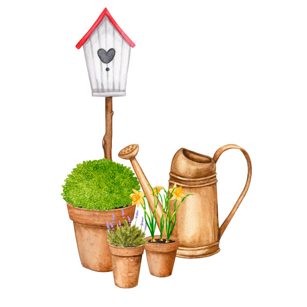 园艺。水彩构图与鸟笼，花盆和喷壶。设计海报，横幅，明信片，邀请，织物。图片下载