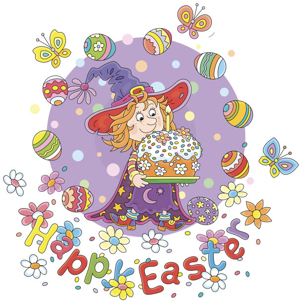快乐的复活节卡片上有一个小仙女，一个蛋糕和礼物蛋图片下载