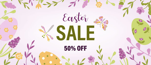 带有鸡蛋和鲜花的复活节促销横幅。矢量图图片下载