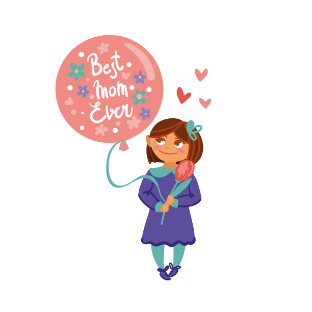 祝您母亲节快乐。小女孩手里拿着郁金香和气球要给妈妈。图片下载