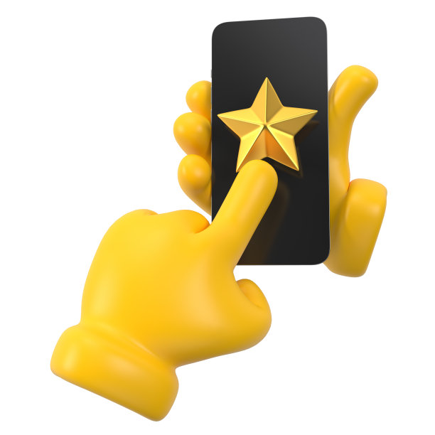 黄色表情手拿智能手机，点击屏幕上的星星。独自使用手机。3 d渲染。图片下载
