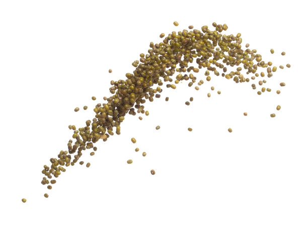 绿绿豆掉下来爆炸，绿绿豆飘爆炸，抽象的云飞。干绿绿豆在空气中飞溅。白色背景隔离高速快门，定格运动图片下载