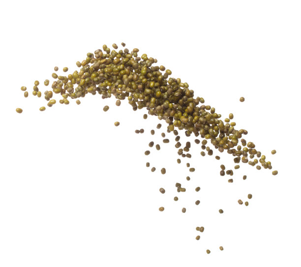 绿绿豆掉下来爆炸，绿绿豆飘爆炸，抽象的云飞。干绿绿豆在空气中飞溅。白色背景隔离高速快门，定格运动图片下载