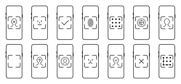 安全平面图标集。脸识别。保护线性图标。矢量图图片下载