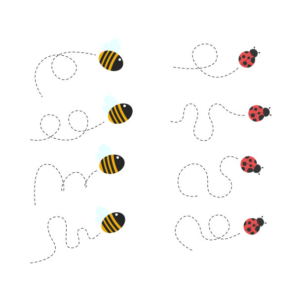 昆虫插图设计的蜜蜂和瓢虫后面的痕迹。瓢虫和蜜蜂。飞行轨迹。可爱的小蜜蜂和瓢虫图片下载