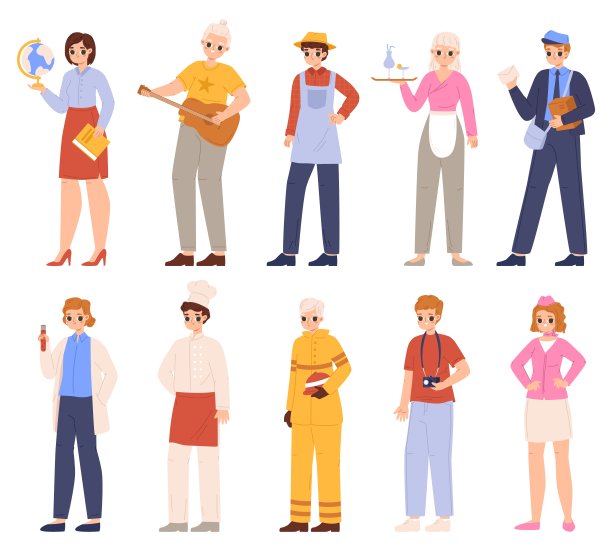 不同的年轻专业人士，不同的工作。成功的商业人物，穿着专业服装的学生。舒适的老师，科学家，向量集图片下载