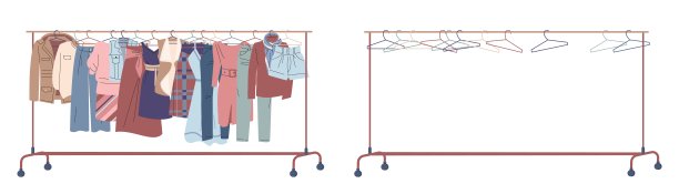 衣服放在衣架上。铺布衣架空，放毛衣、连衣裙、牛仔裤和夹克。衣柜元素，女性时装店或商店，俏皮的矢量图形图片下载